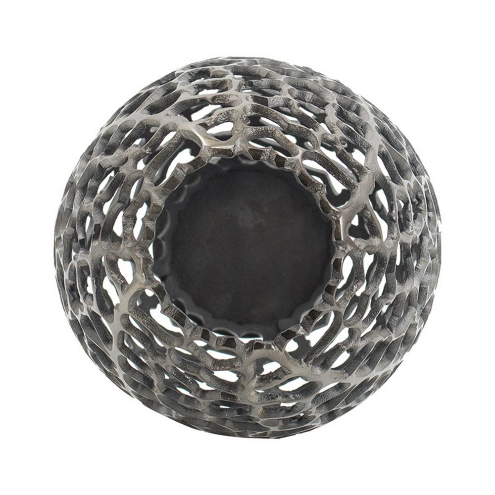 19 Inch Decorative Round Barrel Vase, Cutout Motif, Smoke Black Aluminum - BM302606