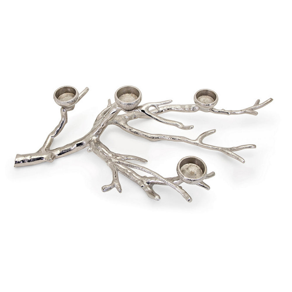 23 Inch Metal Tea Light Holder, Tree Branch Design, 4 Candle Slots, Silver - BM302608