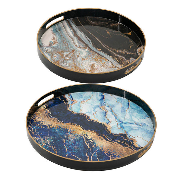 Set of 2 Round Decorative Trays, Tall Rims, Faux Marble, Blue, Gold - BM302609