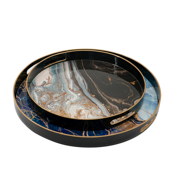 Set of 2 Round Decorative Trays, Tall Rims, Faux Marble, Blue, Gold - BM302609