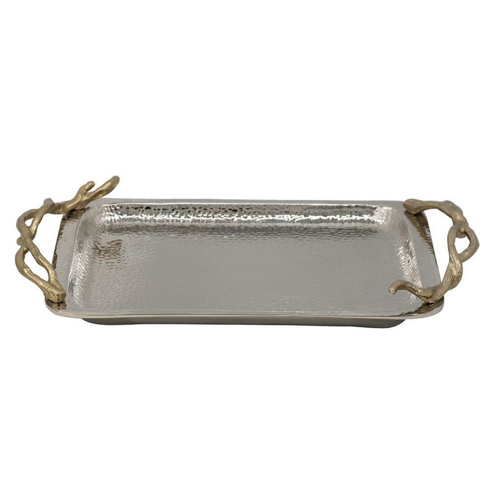 16 Inch Rectangular Decorative Tray, Branch Design Handles, Silver, Gold - BM302615