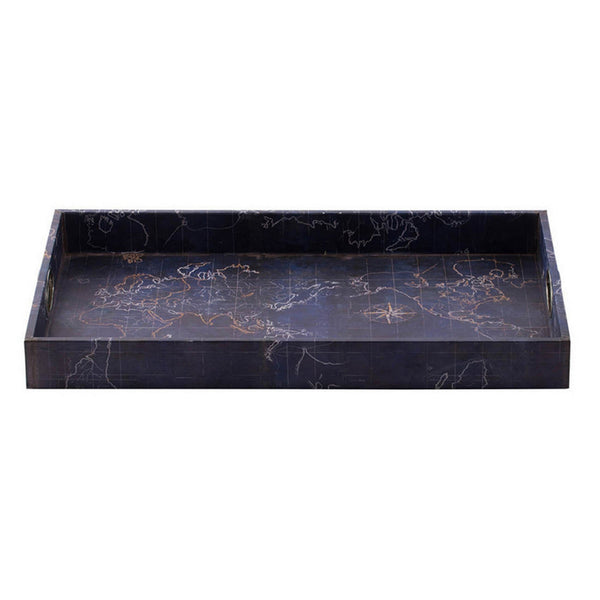 25 Inch Set of 2 Rectangular Decorative Trays, Gold Map Design, Deep Blue - BM302624