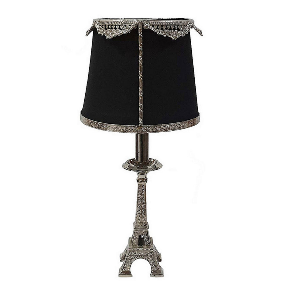 14 Inch Table Lamp, Metal Trimmed Shade, Nickel Finish, Eiffel Tower Base - BM302633
