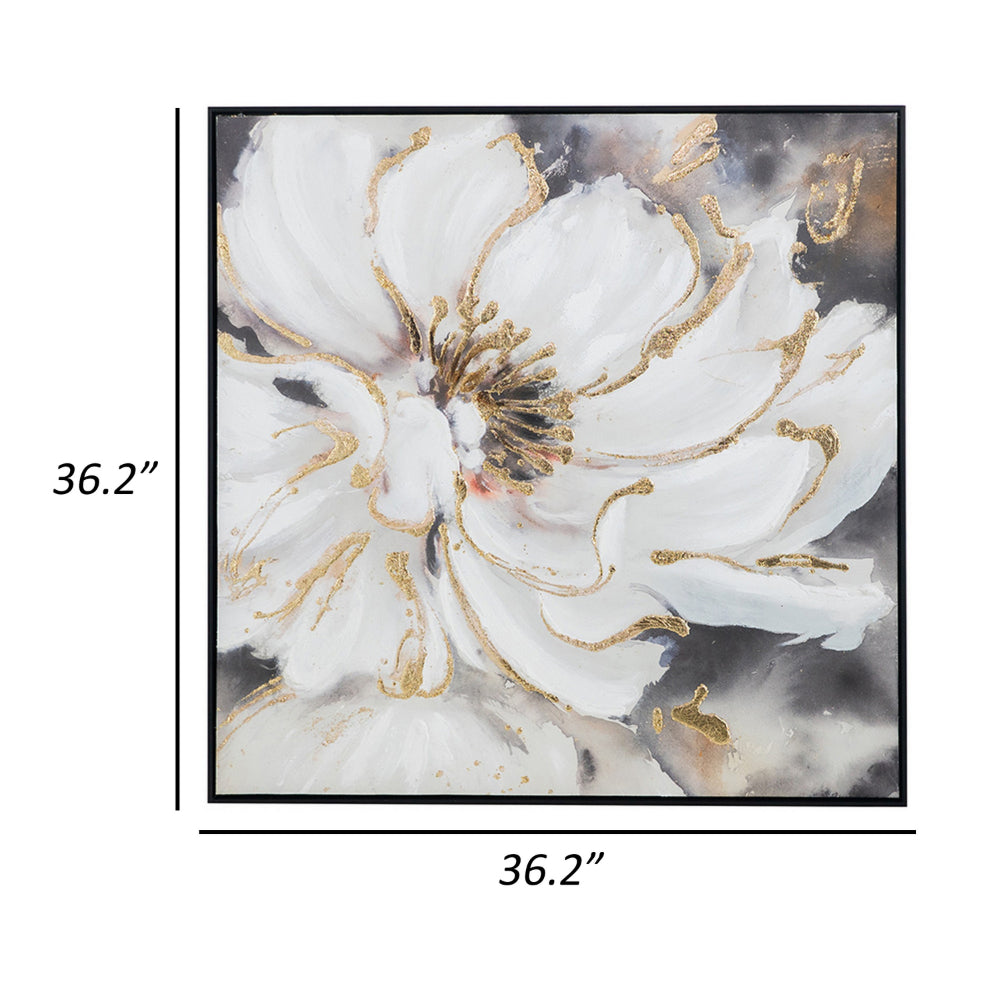 36 x 36 Inch Framed Wall Art, Floral Oil Painting On Canvas, White Gold - BM302654