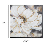 36 x 36 Inch Framed Wall Art, Floral Oil Painting On Canvas, White Gold - BM302654
