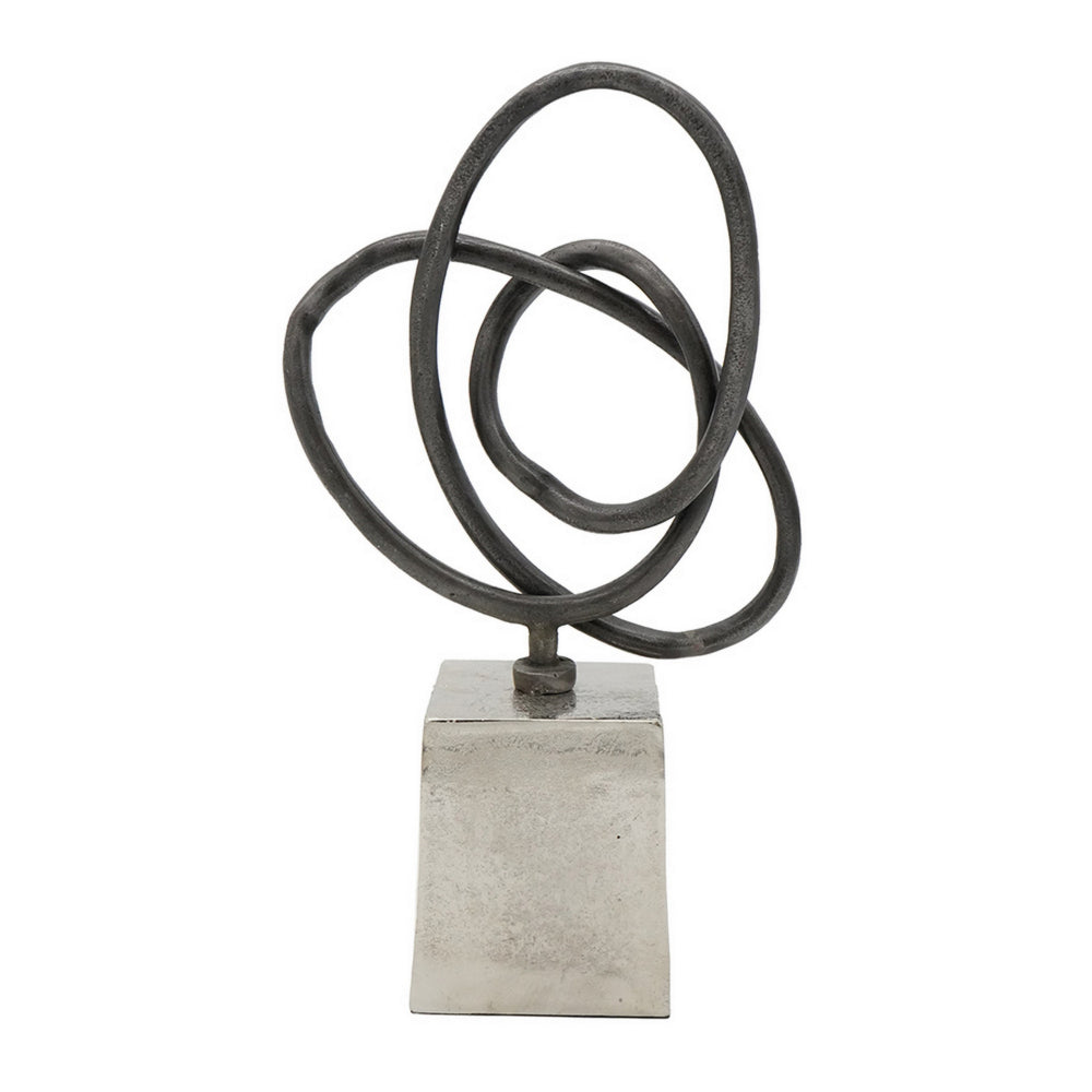 9 Inch Table Sculpture, Abstract Loop Design, Block Base, Black, Silver - BM302657