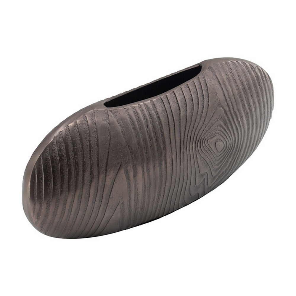 18 Inch Slim Oval Disc Decorative Vase, Wood Texturing, Gray Aluminum  - BM302670
