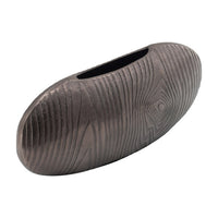 18 Inch Slim Oval Disc Decorative Vase, Wood Texturing, Gray Aluminum  - BM302670