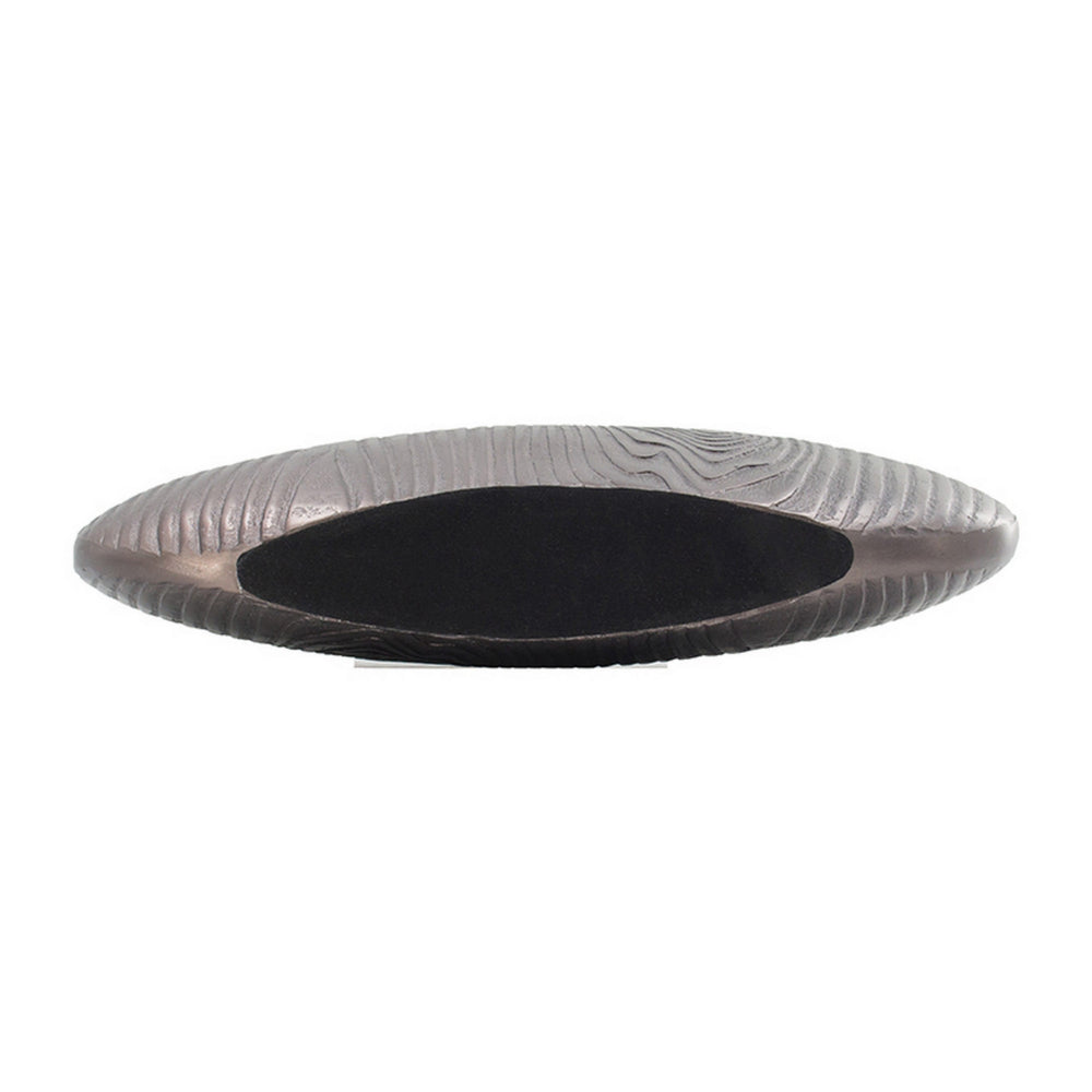 18 Inch Slim Oval Disc Decorative Vase, Wood Texturing, Gray Aluminum  - BM302670