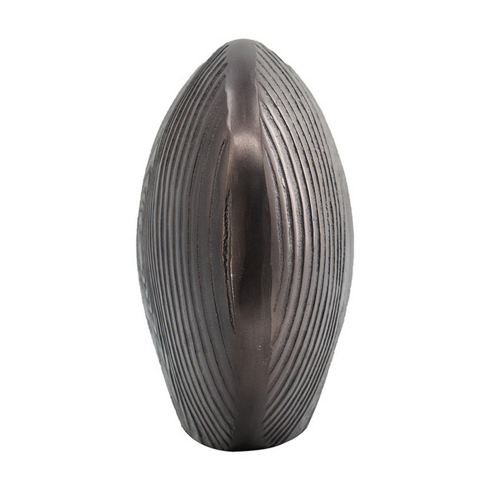18 Inch Slim Oval Disc Decorative Vase, Wood Texturing, Gray Aluminum  - BM302670