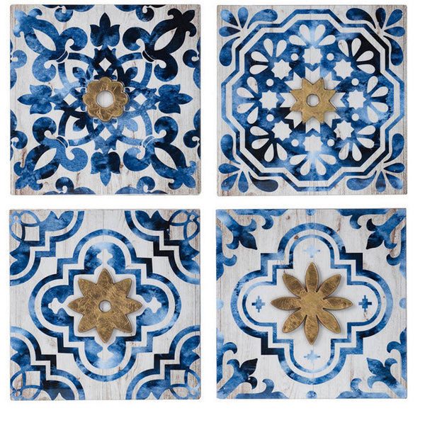 Set of 4 Classic Framed Wall Decor, Abstract Tile Design, White and Blue - BM302672