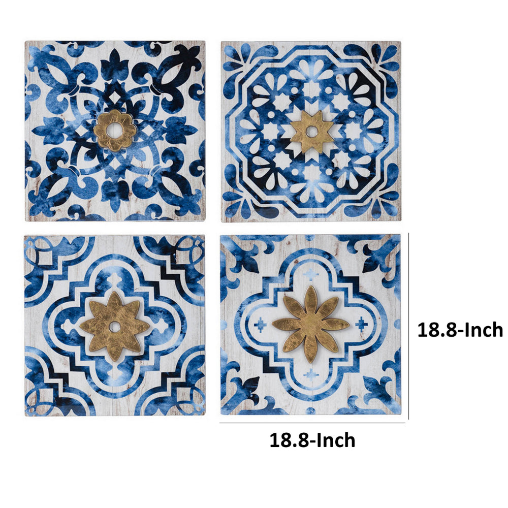 Set of 4 Classic Framed Wall Decor, Abstract Tile Design, White and Blue - BM302672