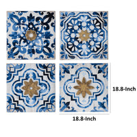 Set of 4 Classic Framed Wall Decor, Abstract Tile Design, White and Blue - BM302672