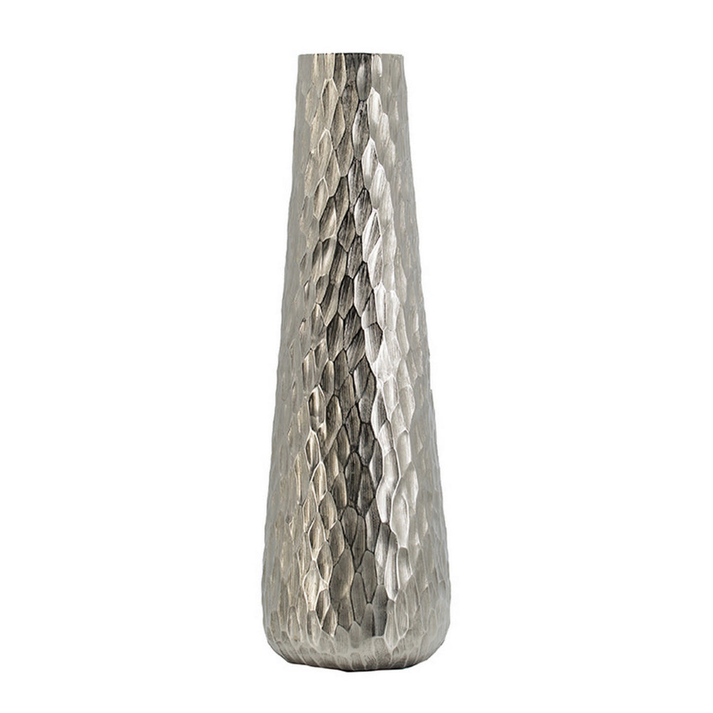 23 Inch Tall Oblong Vase, Diamond Textured, Tapered, Aluminum, Silver - BM302673