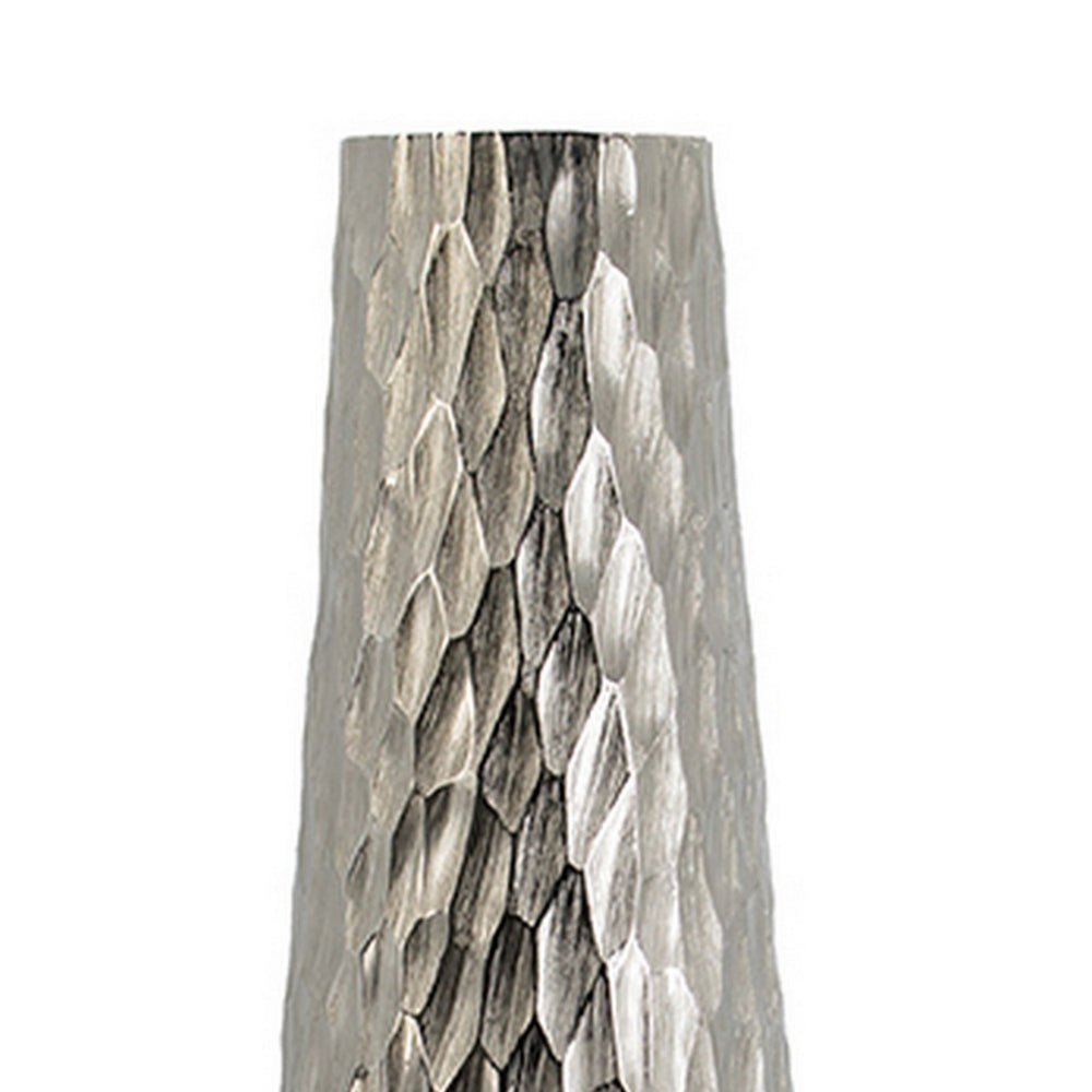 23 Inch Tall Oblong Vase, Diamond Textured, Tapered, Aluminum, Silver - BM302673
