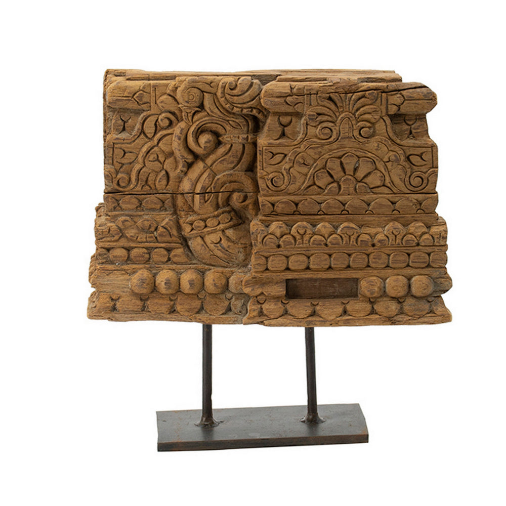 13 Inch Decorative Carved Tabletop Sculpture, Brown Wood, Black Metal Base - BM302678