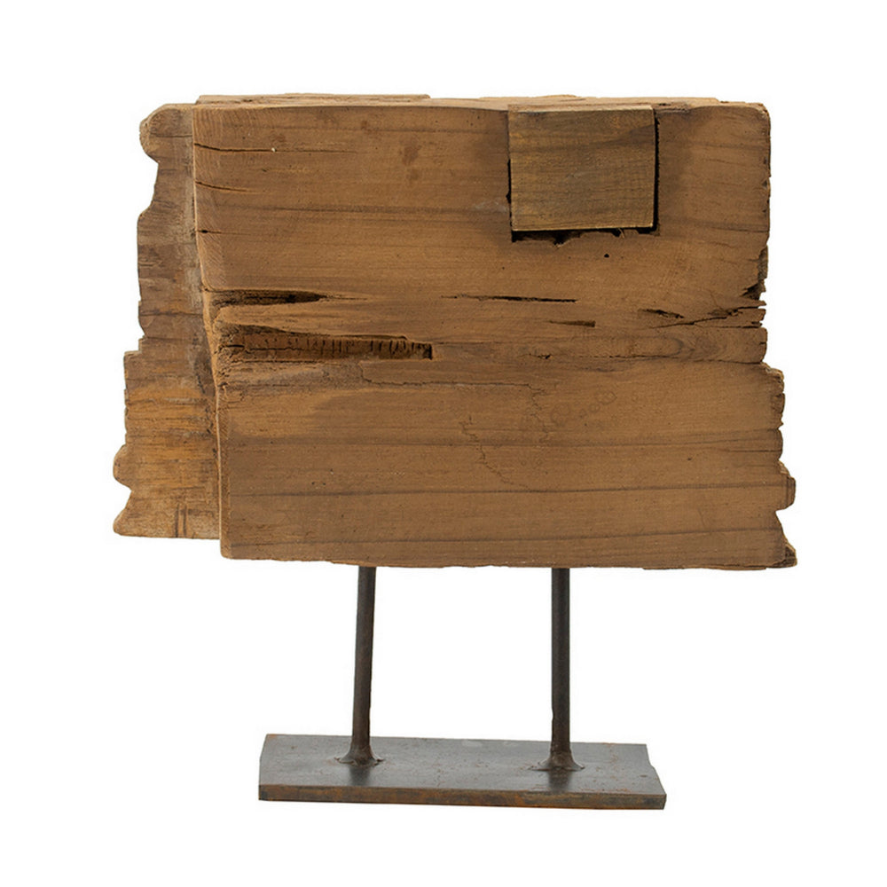 13 Inch Decorative Carved Tabletop Sculpture, Brown Wood, Black Metal Base - BM302678