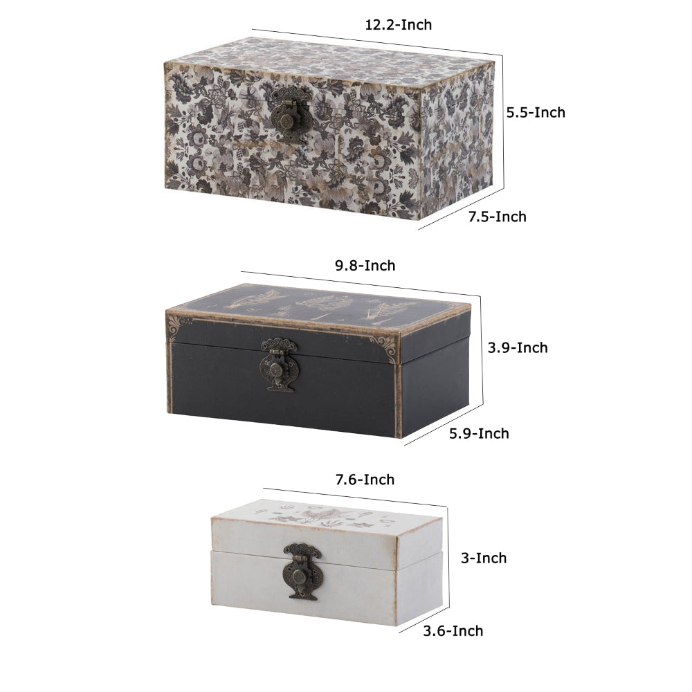 Set of 3 Decorative Boxes, MDF Frame, Black and Gray, Floral Printing  - BM302690