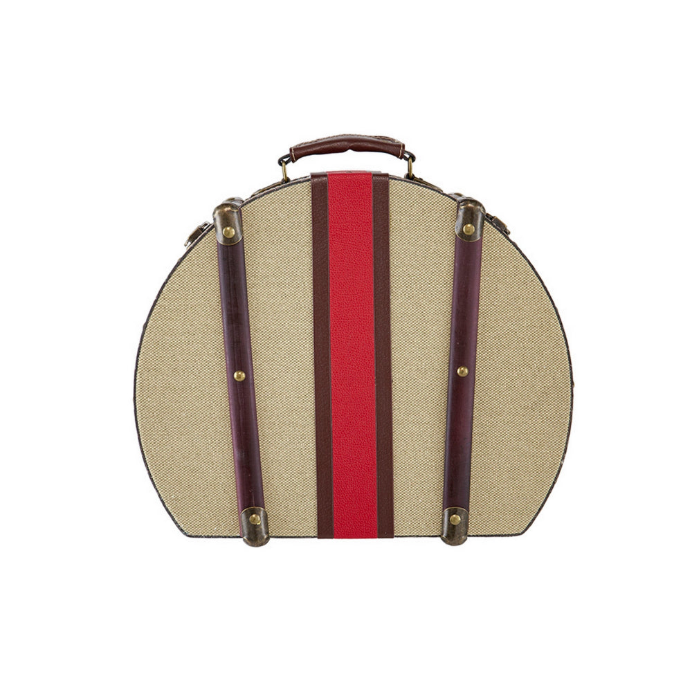 Ika 16 Inch Semi Round Hatbox, Faux Leather Handle, Cream Canvas Upholstery - BM302707