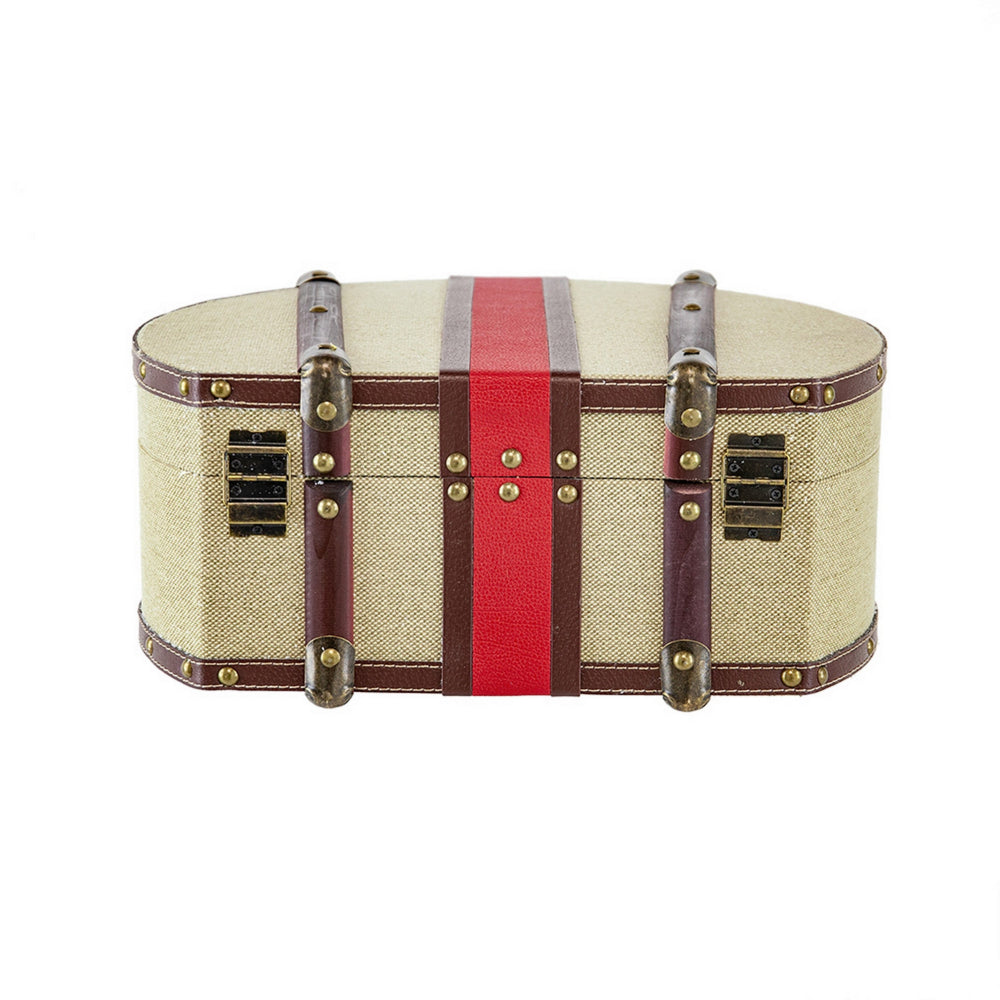 Ika 16 Inch Semi Round Hatbox, Faux Leather Handle, Cream Canvas Upholstery - BM302707