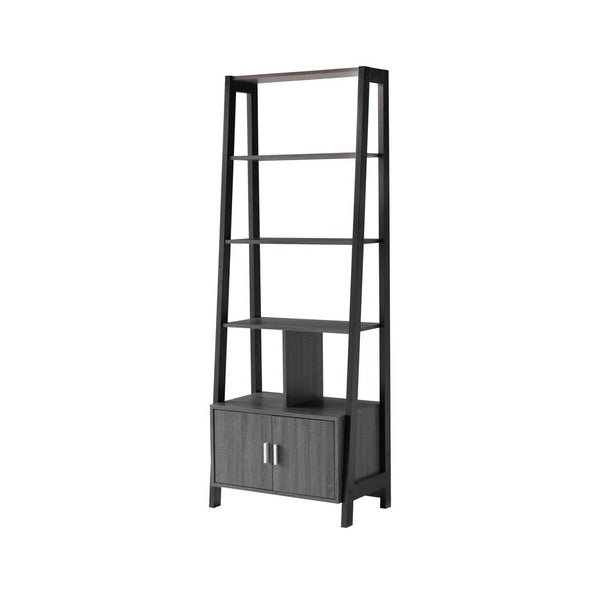 70 Inch Ladder Bookcase with Double Door Cabinet, 3 Shelves, Gray, Black - BM302951