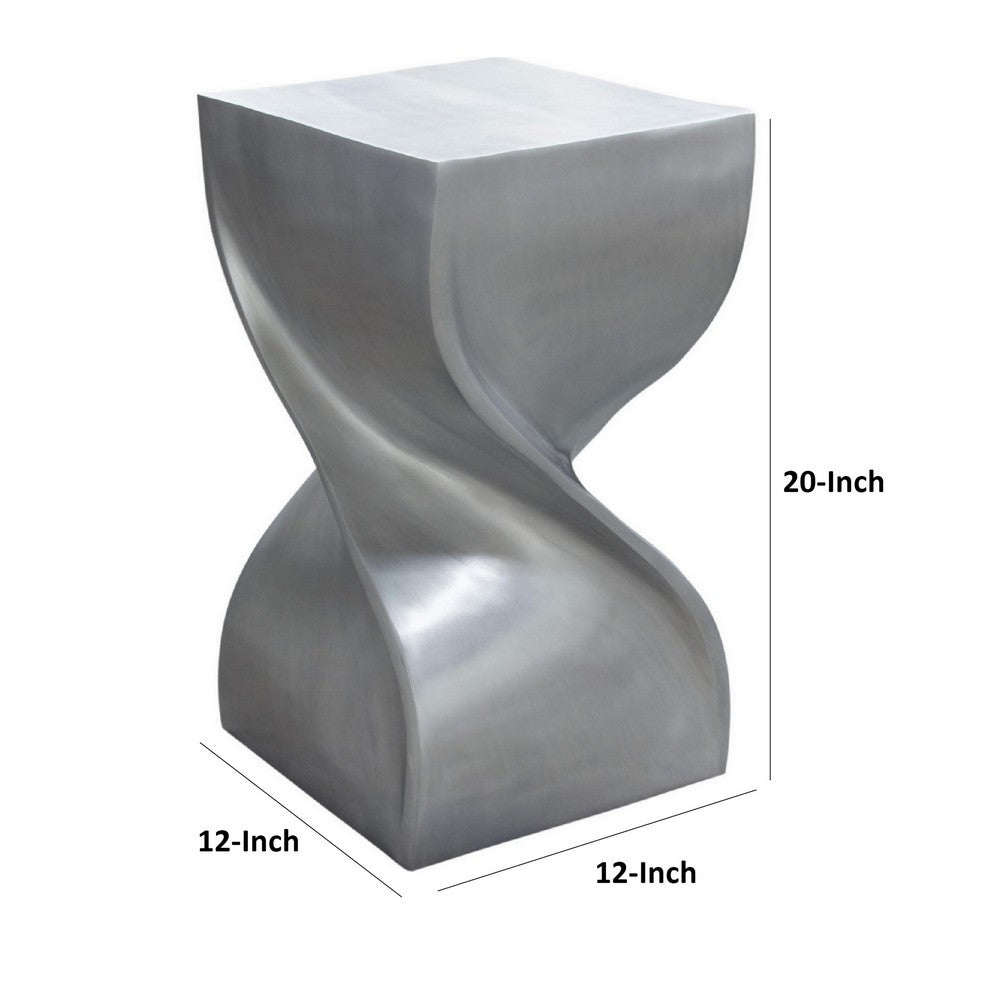 12 Inch Modern Square Accent Table, Hourglass Spiral Shape, Antique Silver - BM303173