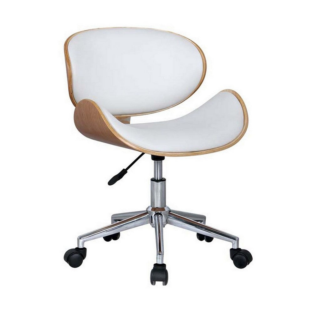 23 Inch Swivel Office Chair, Curved Wood Seat and Back, White Faux Leather - BM304614