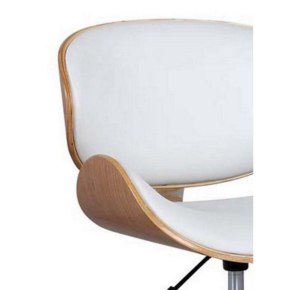 23 Inch Swivel Office Chair, Curved Wood Seat and Back, White Faux Leather - BM304614