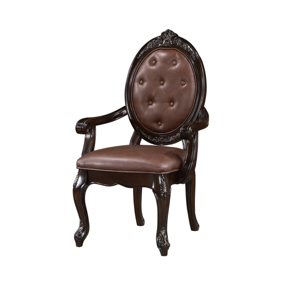 Cran 24 Inch Dining Armchair, Carved Details, Faux Leather Seat, Brown - BM304832