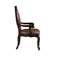 Cran 24 Inch Dining Armchair, Carved Details, Faux Leather Seat, Brown - BM304832