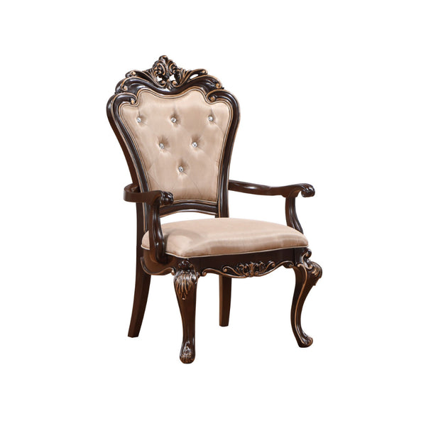 Leon 25 Inch Set of 2 Tufted Dining Armchair, Cherry Brown Wood, Beige Seat - BM304845