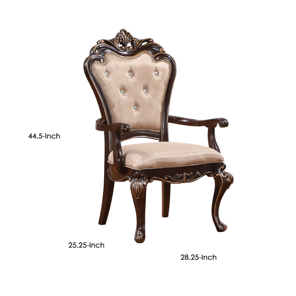 Leon 25 Inch Set of 2 Tufted Dining Armchair, Cherry Brown Wood, Beige Seat - BM304845