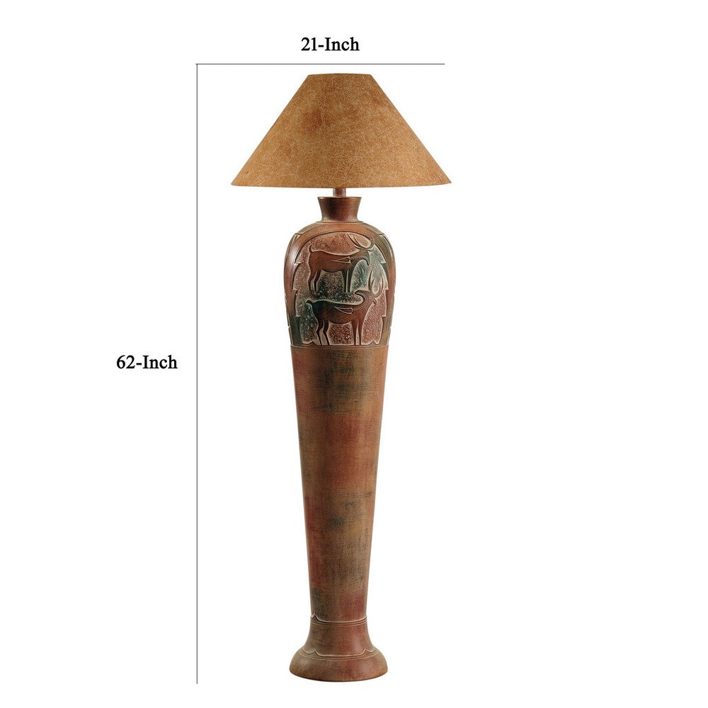 Siya 62 Inch Elongated Floor Lamp, Extra Tall, Deer Carvings, Brown, Black - BM304984