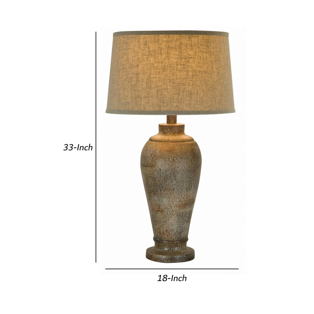 33 Inch Hydrocal Table Lamp, Brown Drum Shade, Textured Urn Shaped Base - BM305590