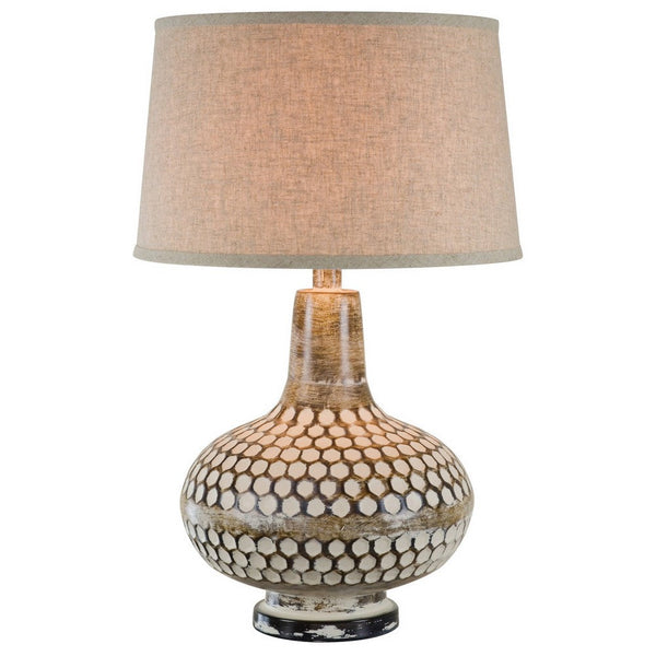 28 Inch Hydrocal Table Lamp, Drum Shade, Round Geometric Base, Brown, Cream - BM305621