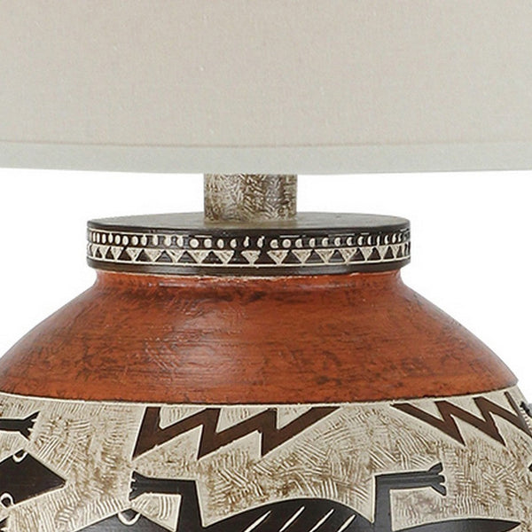 Kinn 24 Inch Hydrocal Table Lamp, Drum Shade, Tribal Style Urn Base, Brown - BM305665