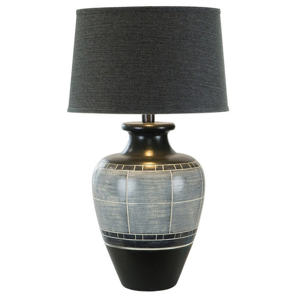 Riza 30 Inch Table Lamp, Curved Vase Shape, Dual Tone Gray, Drum Shade - BM306579