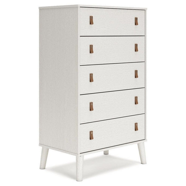 Nina 51 Inch 5 Drawer Tall Dresser Chest, Brown Faux Leather Handles, White - BM306606
