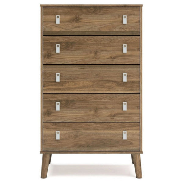 Nina 51 Inch 5 Drawer Tall Dresser Chest, Gray Faux Leather Handles, Brown - BM306608
