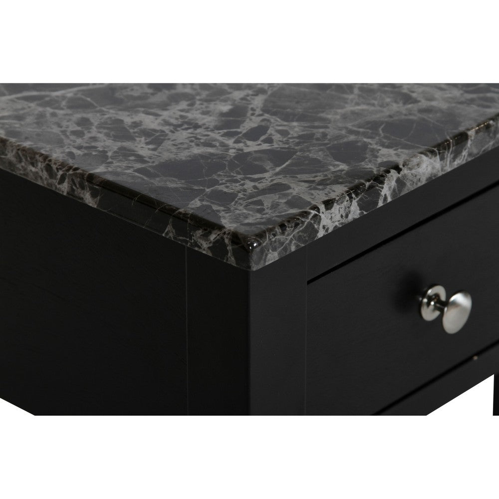 Zeva 24 Inch Modern Narrow Side Table, Faux Marble Top, Single Drawer, Black - BM306715
