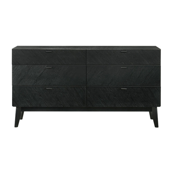 Saly 55 Inch Wide Dresser, 6 Drawer, Diagonal Wood Grain, Black Finish - BM308848