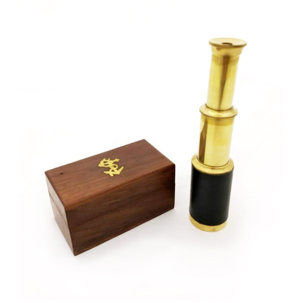 Small Brass Telescope with Pullout Wooden Box, Gold and Brown - BM34758