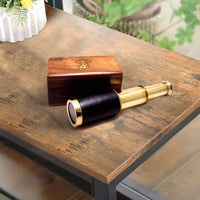 Small Brass Telescope with Pullout Wooden Box, Gold and Brown - BM34758
