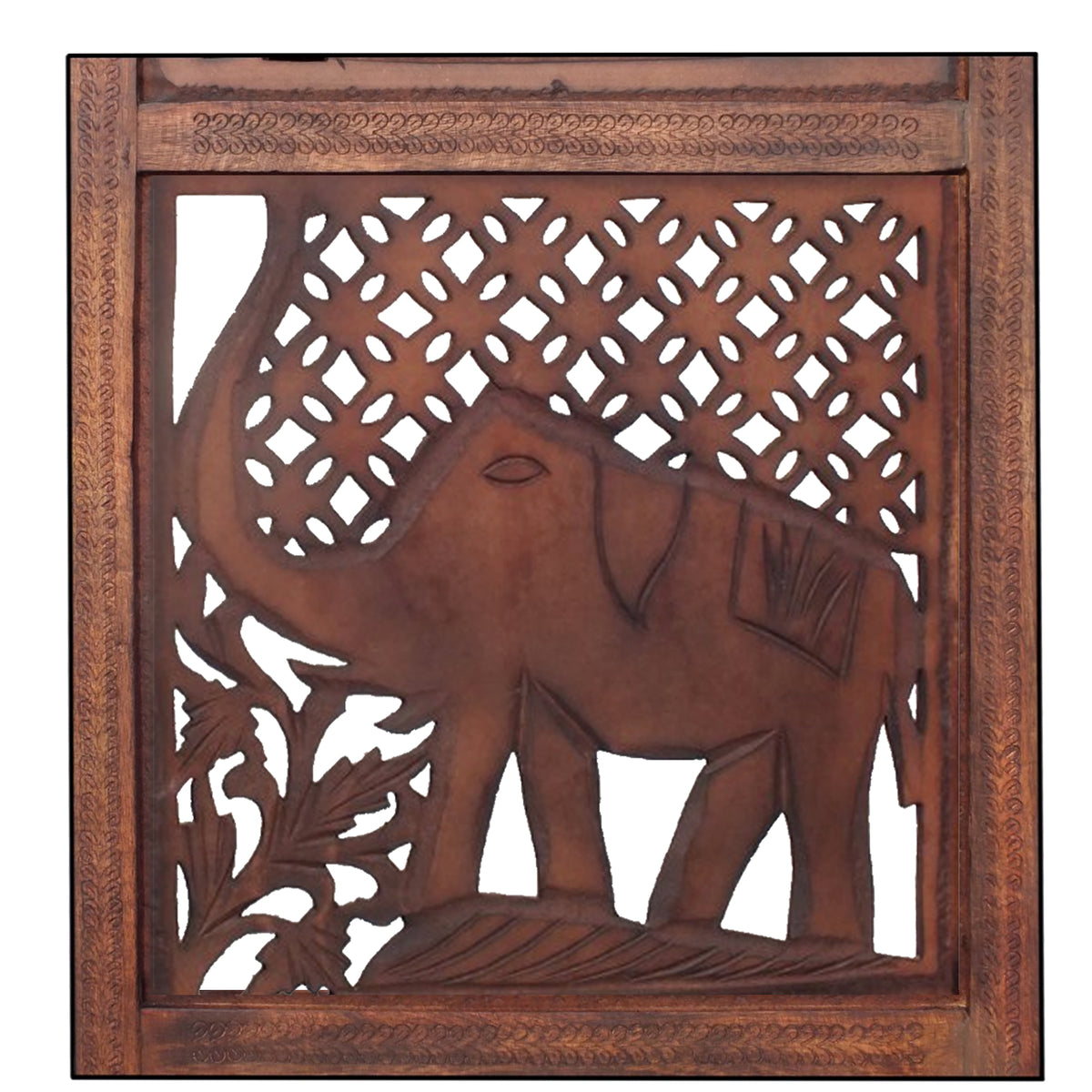 Zofi Hand Carved Elephant Design Foldable 4 Panel Wooden Room Divider, Brown - BM34823