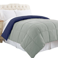 Genoa Reversible Queen Comforter with Box Quilting , Silver and Blue - BM46028