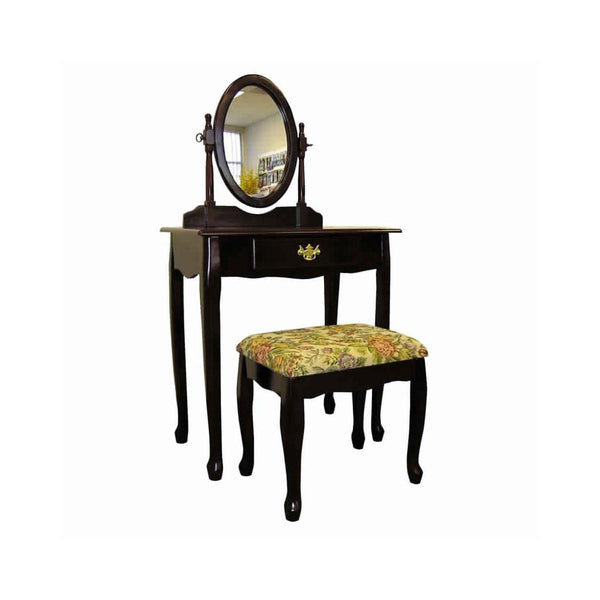Wooden Vanity Set with Fabric Upholstered Seat,Cherry Brown and Yellow - BM94781