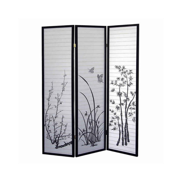 Naturistic Print Wood and Paper 3 Panel Room Divider, White and Black - BM96092