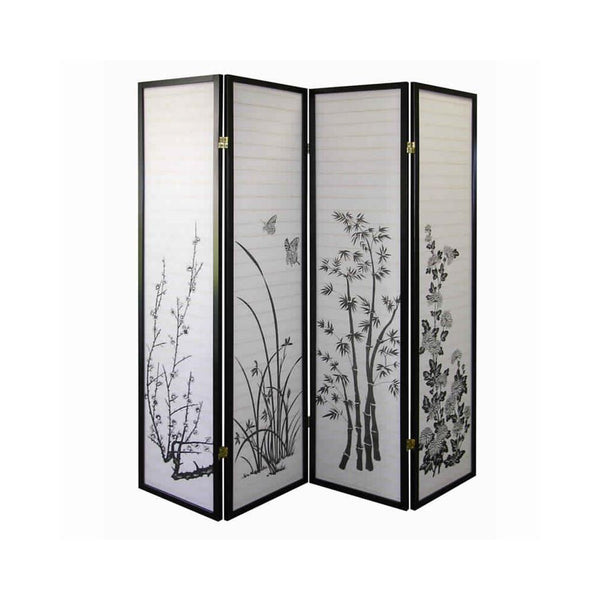 Naturistic Print Wood and Paper 4 Panel Room Divider, White and Black - BM96093