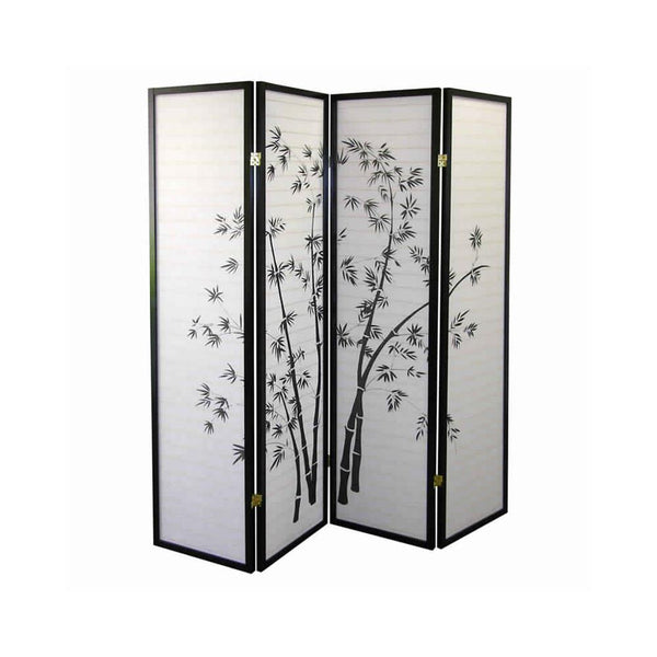 Wood and Paper 4 Panel Room Divider with Bamboo Print, White and Black - BM96095