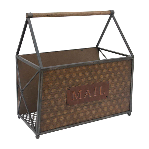 Wood and Metal Frame Basket with Handle and Typography, Brown and Gray -C554-FHB002